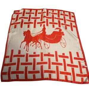 Vtg Made in France Equestrian Horse and Carriage Red White 100% Acetate Scarf